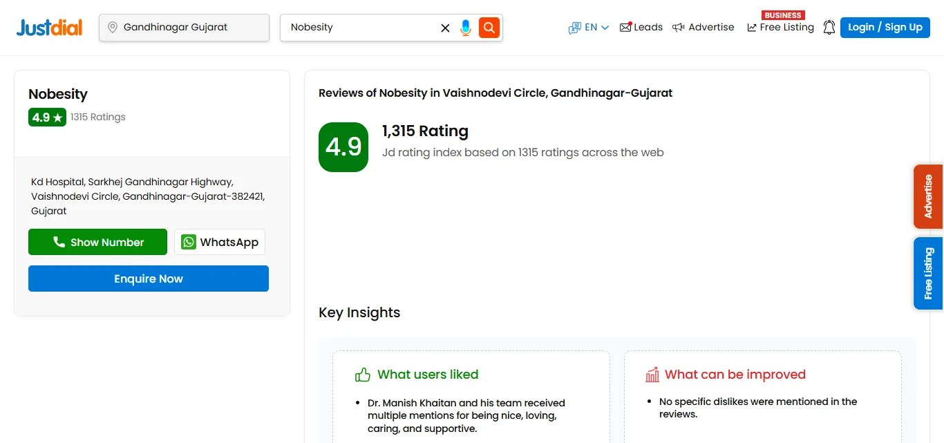 NObesity (KD Hospital) Justdial Rating: 4.9/5 (1300+ Ratings)